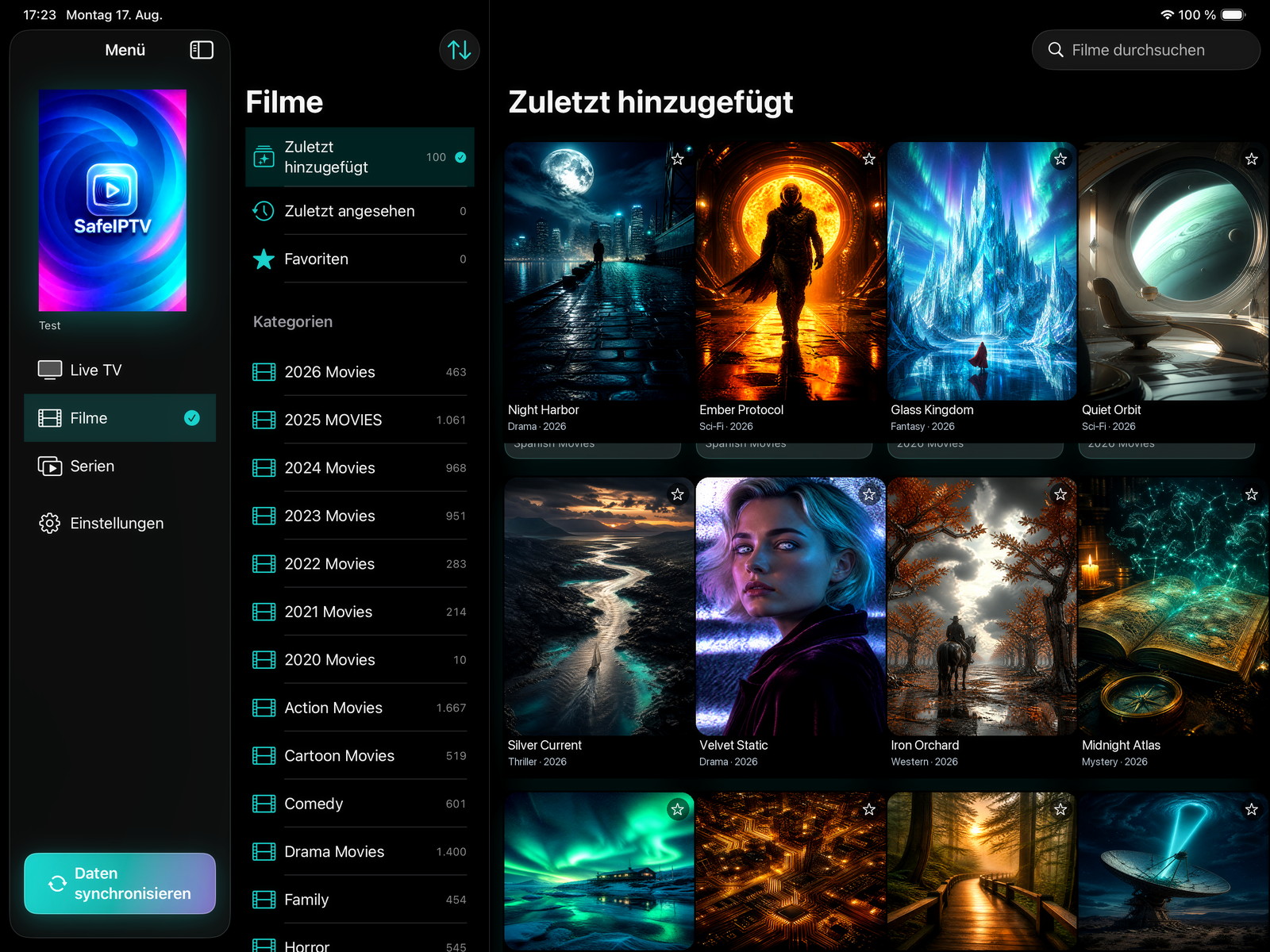 SafeIPTV movie catalog on iPhone in landscape, with fictional titles such as Night Harbor and Ember Protocol.