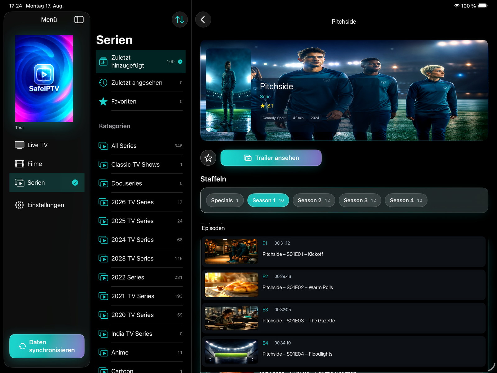 SafeIPTV series detail on iPad for the fictional show Pitchside.
