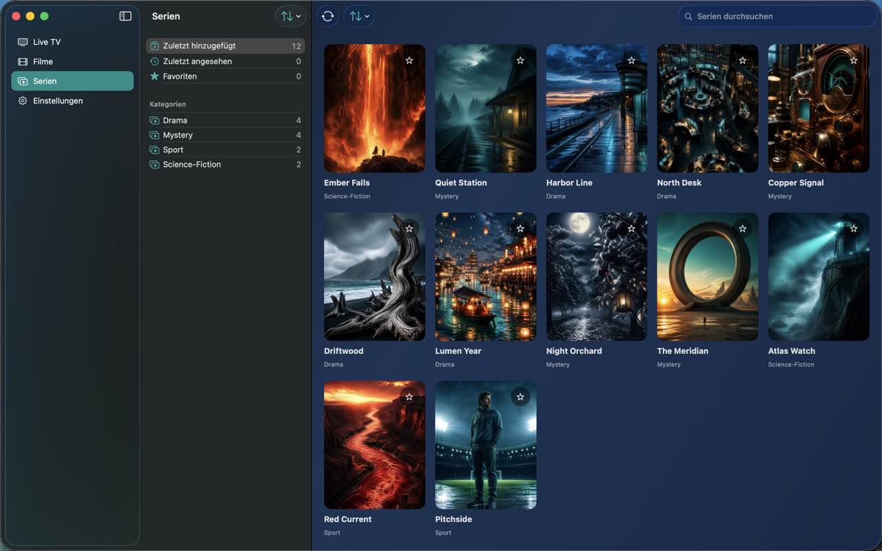 SafeIPTV series grid on Mac with fictional titles such as Ember Falls and Harbor Line.
