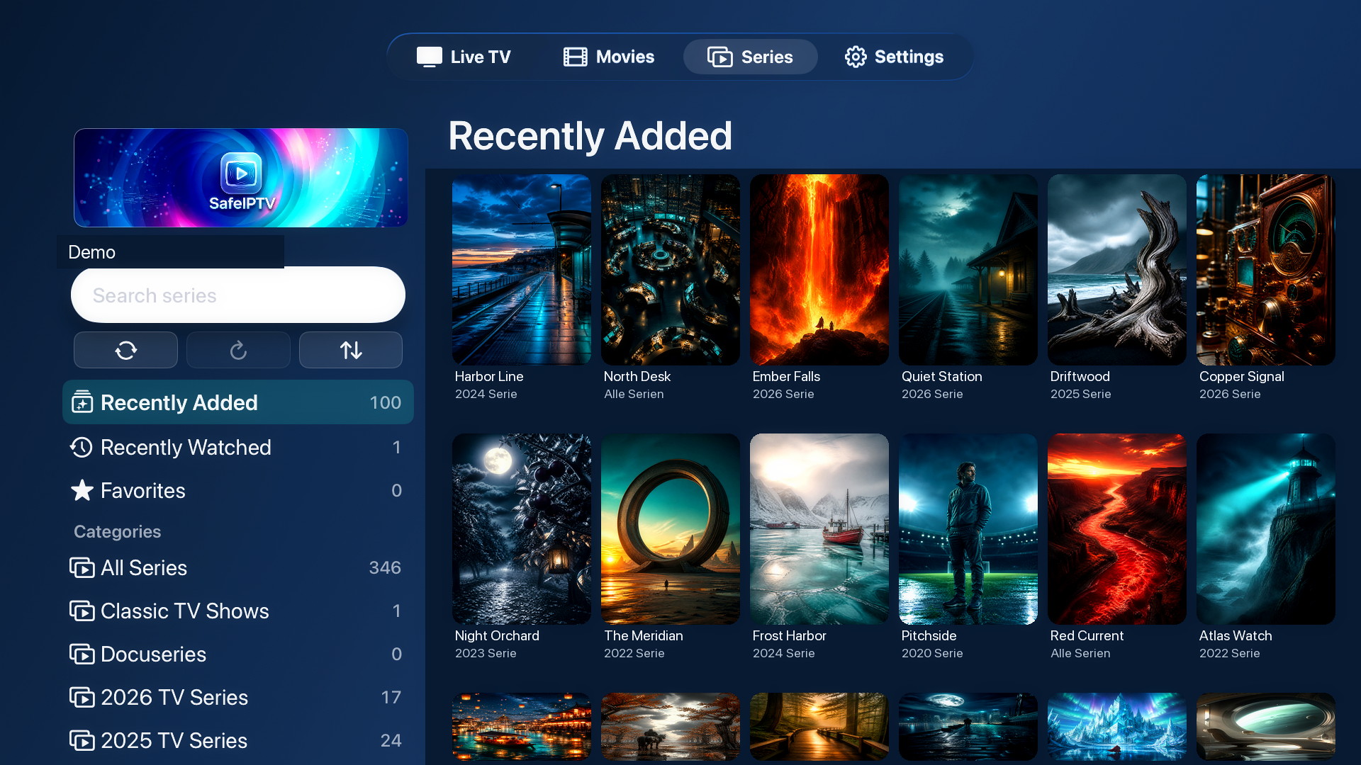 SafeIPTV series grid on Apple TV with fictional titles such as Harbor Line and Ember Falls.